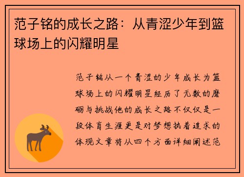 范子铭的成长之路：从青涩少年到篮球场上的闪耀明星